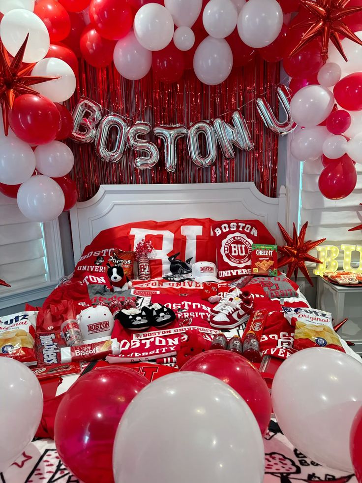BU Terriers bed party with red and white theme