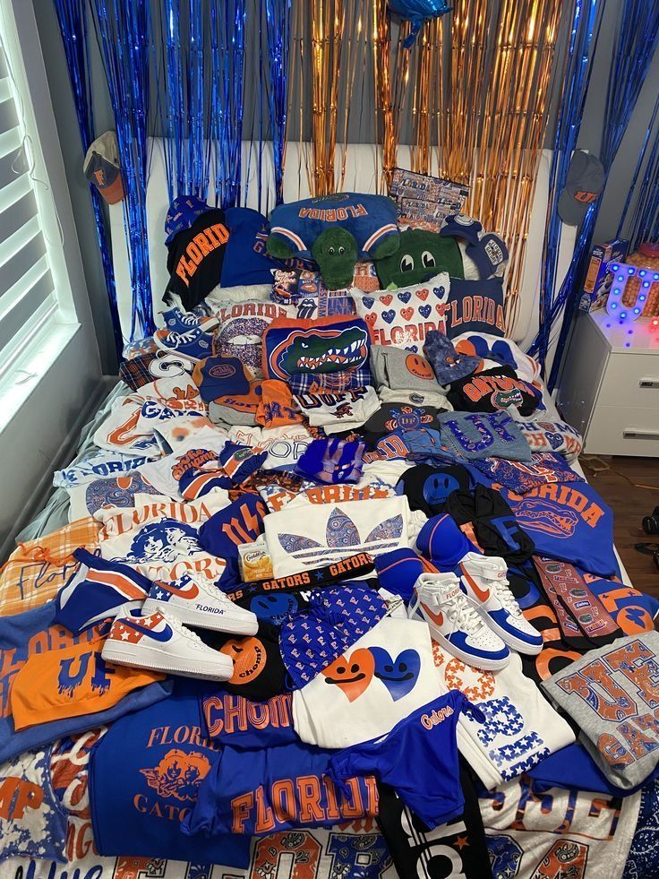 Florida Gators bed party setup with school spirit decorations