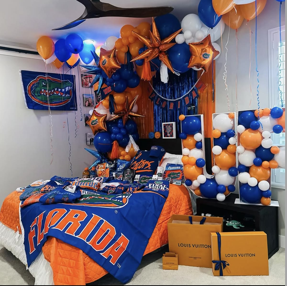 Florida Gators bed party with blue and orange theme