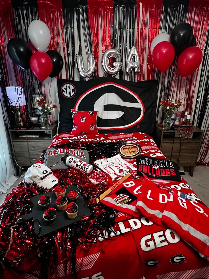 Georgia Bulldogs bed party setup with school spirit