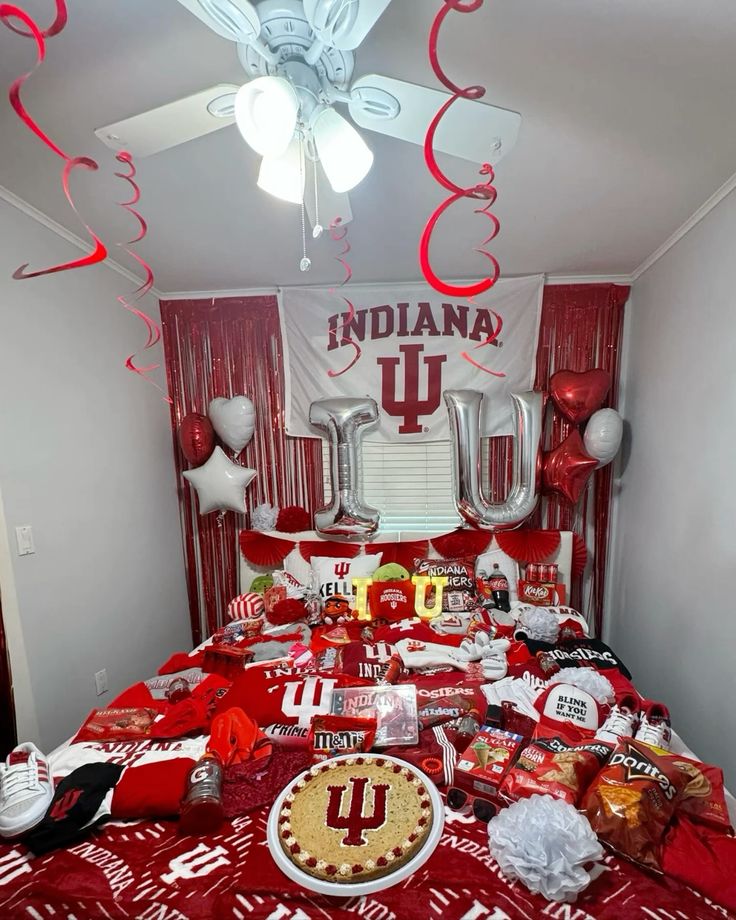 IU bed party with decorations and merchandise