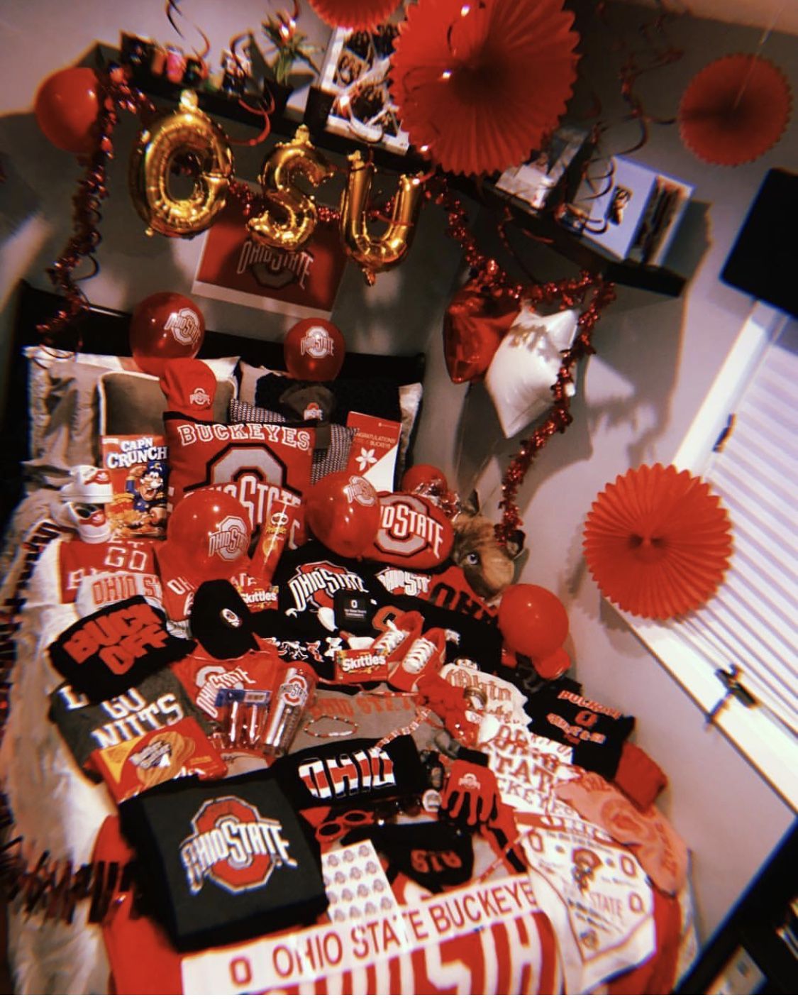 OSU bed party with decorations and merchandise