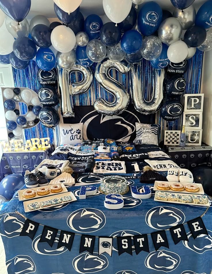 PSU bed party with decorations and merchandise