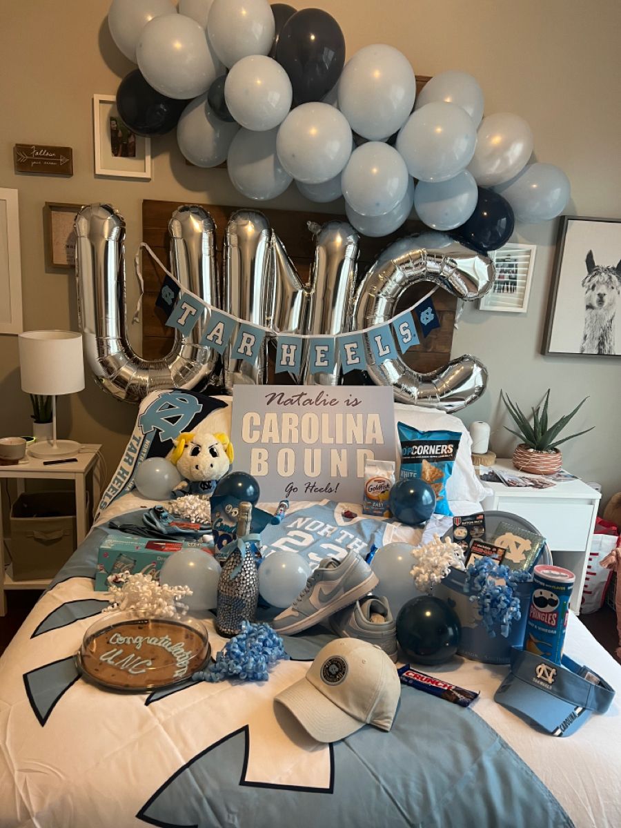 UNC Tar Heels bed party with Carolina blue decorations and school spirit